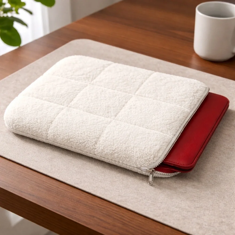Laptop Case White Fuzzy Quilted, Accommodates Up To 16 inch Laptop